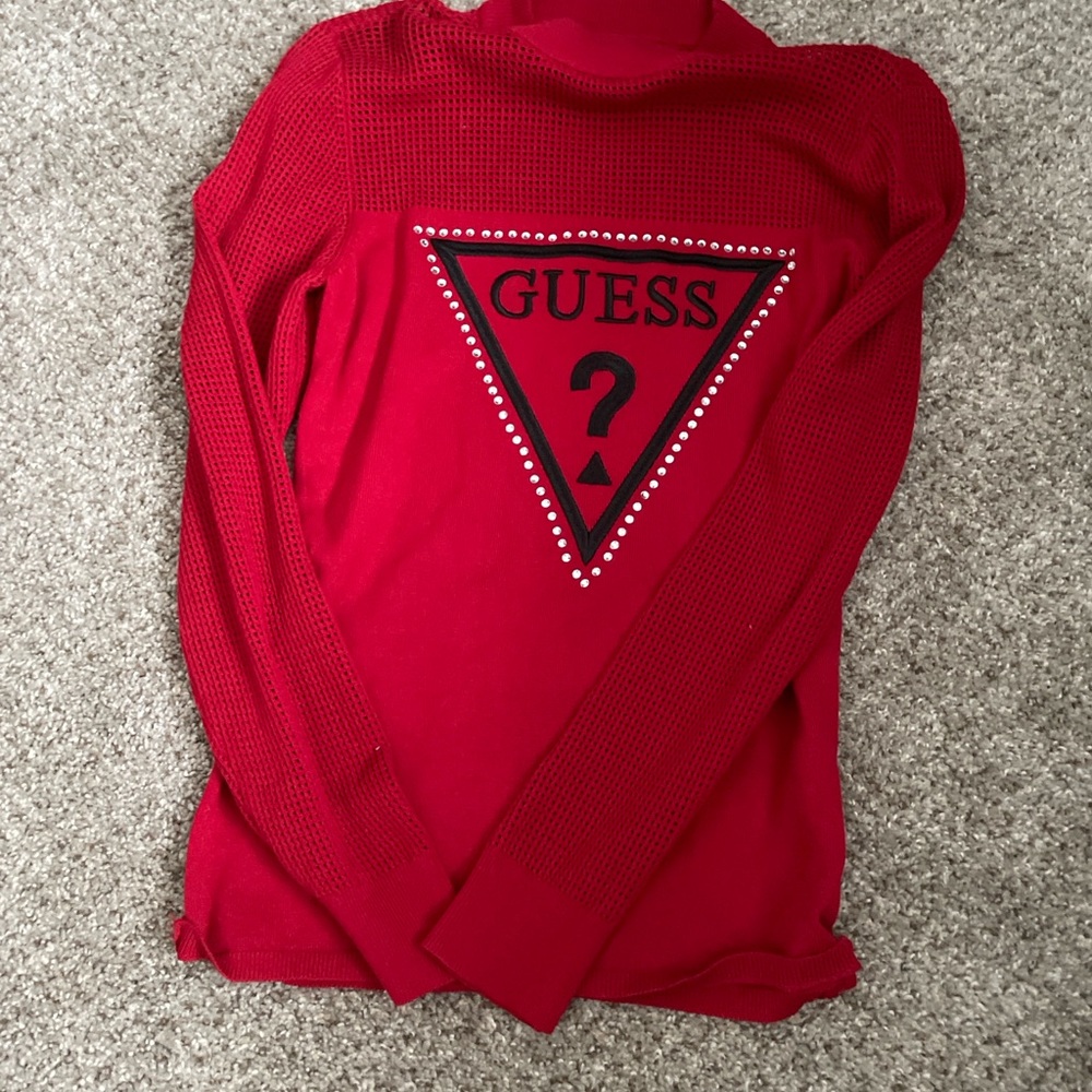 Guess Red Logo Knit Sweater w/ Stud Detail – Size Small